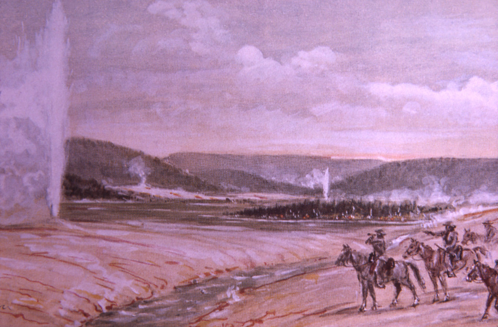Painting of Old Faithful depicting Hayden Survey 1871 WH Jackson No date