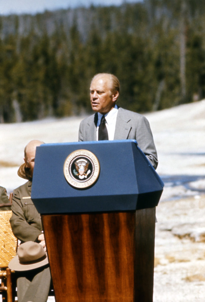 President Ford at outside podium at Old Faithful;Cynthia Zimmerli;1976